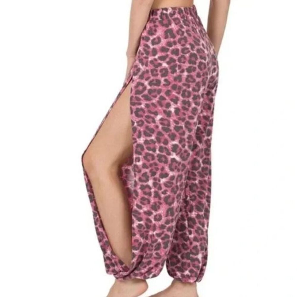 Pink Leopard Print Split Side Pants